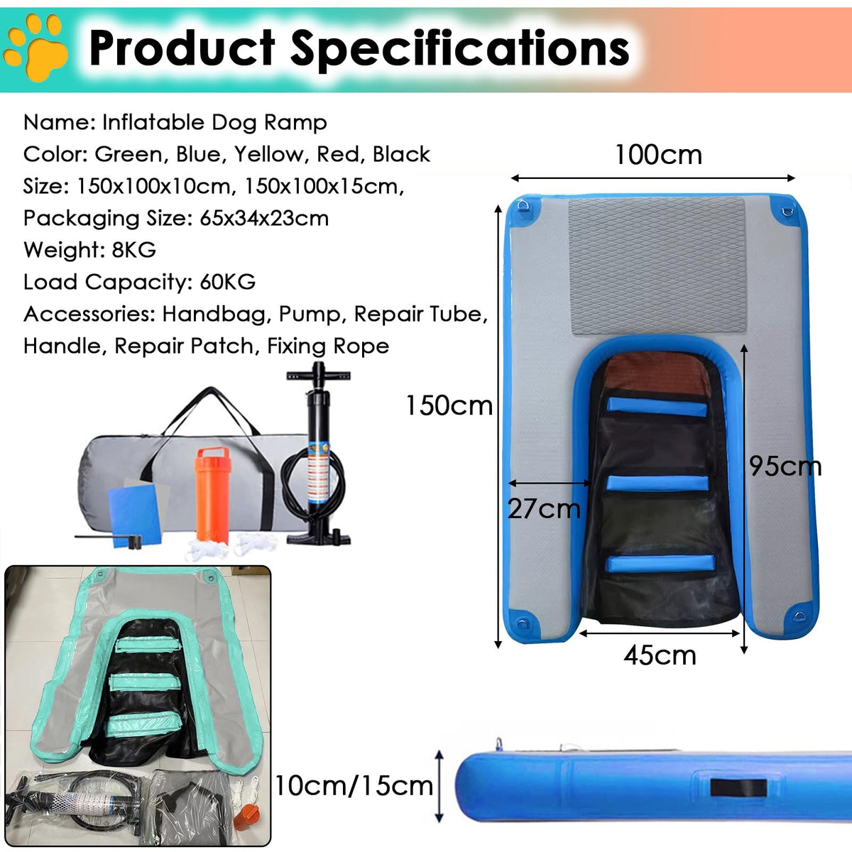 LZMZMQ Dog Water Ramp Floating Dock, Pools/Pontoon/Lakes/Beaches Dog Climbing Ladder Inflatable Ramps, Blue Non-Slip EVA Platform, for 60kg Dogs Climb Out of Water(150x100x15cm)
