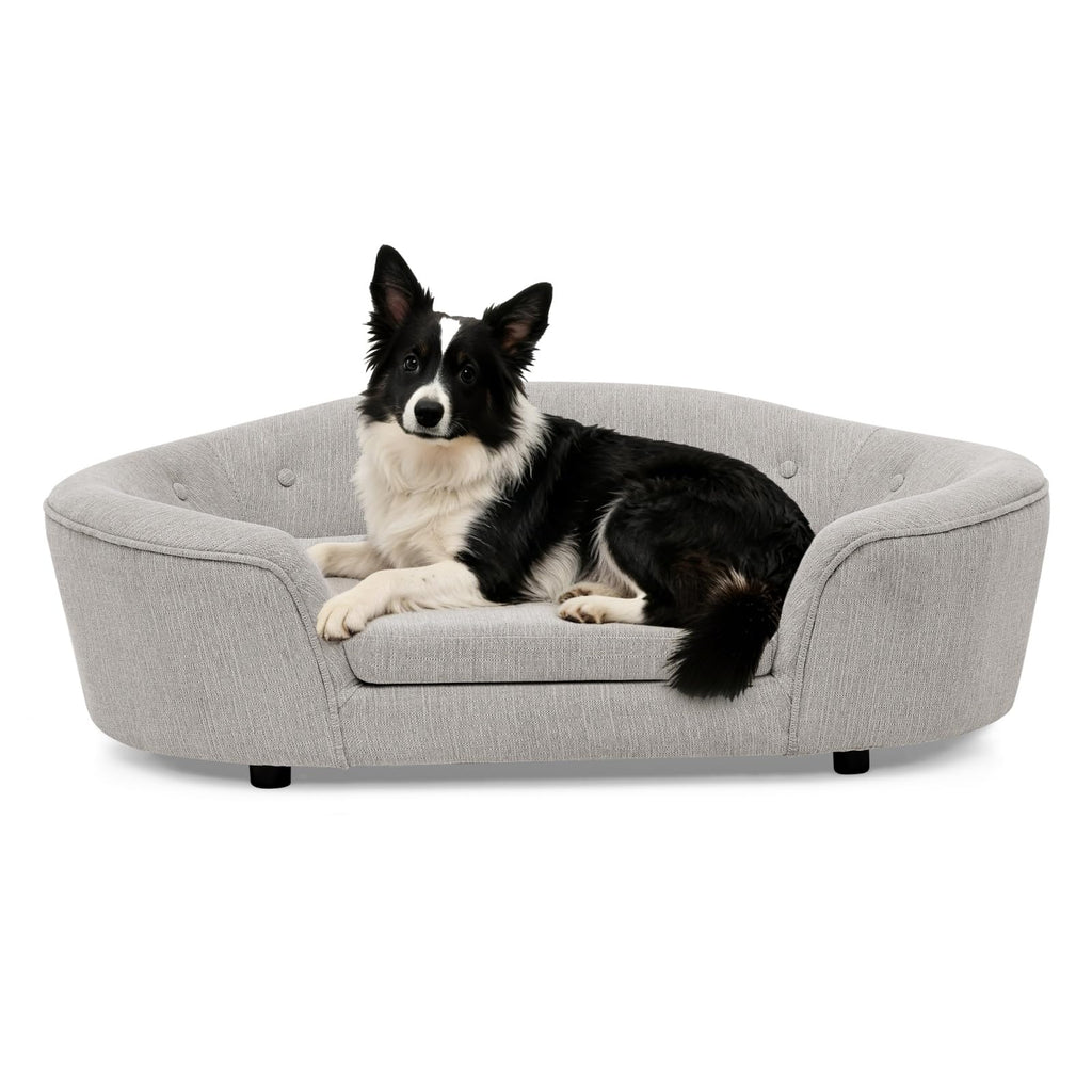 Oversized Size Oval Semi-Enclosed Dog Sofa - Durable Linen Material, Button-Tufted Backrest, High-Center Low-Sides Support & Plush Comfort-Beige