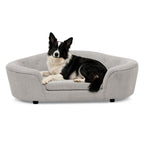 Oversized Size Oval Semi-Enclosed Dog Sofa - Durable Linen Material, Button-Tufted Backrest, High-Center Low-Sides Support & Plush Comfort-Beige