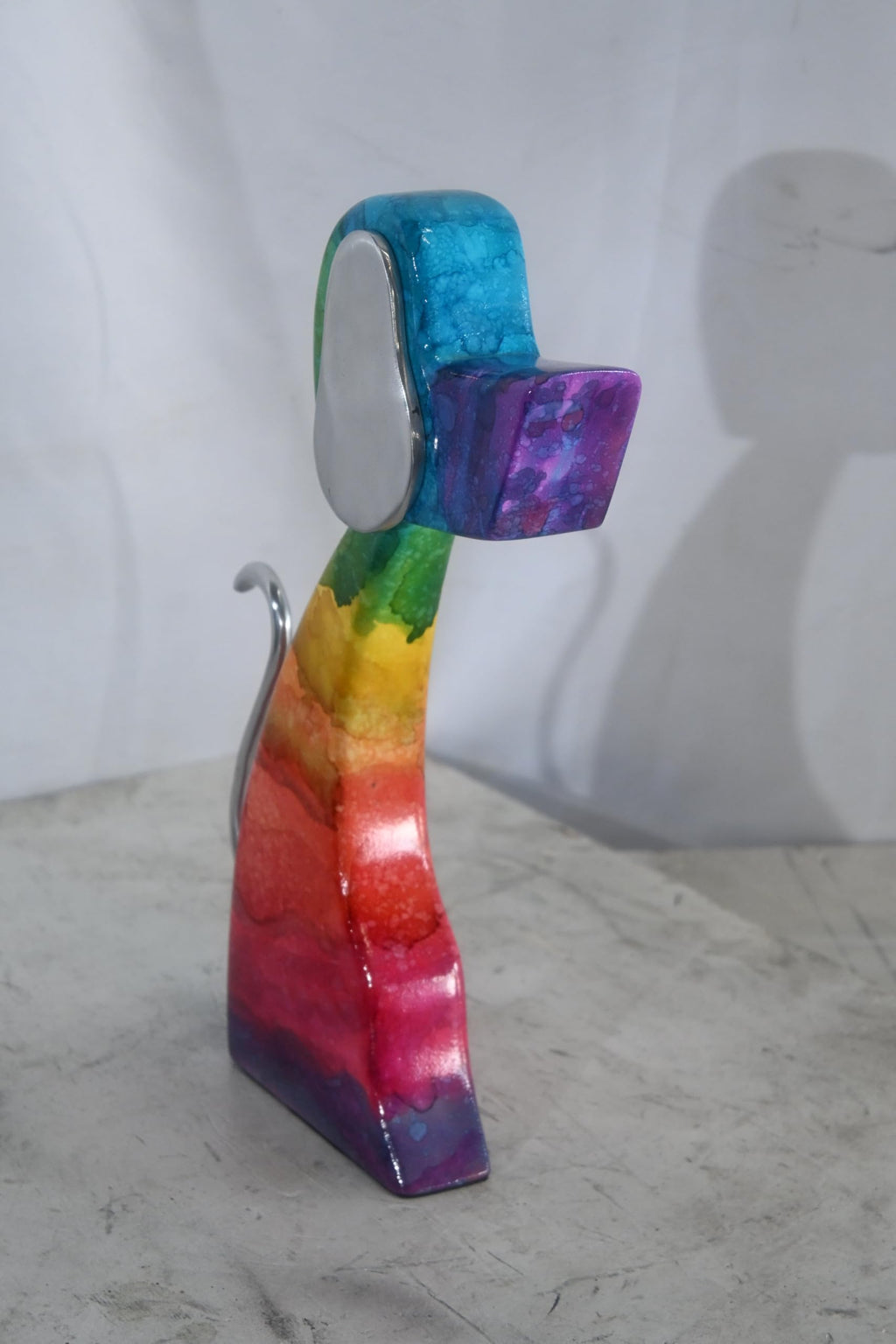 NIFAO Abstract Rainbow Painted Wood Dog Figurine Aluminum Ears 8"x2"x15"H