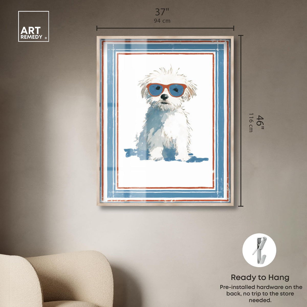 Cool Dog with Sunglasses IV Shadowbox Print Fun Dog Wall Decor by Art Remedy, Blonde Frame, 36 x 45