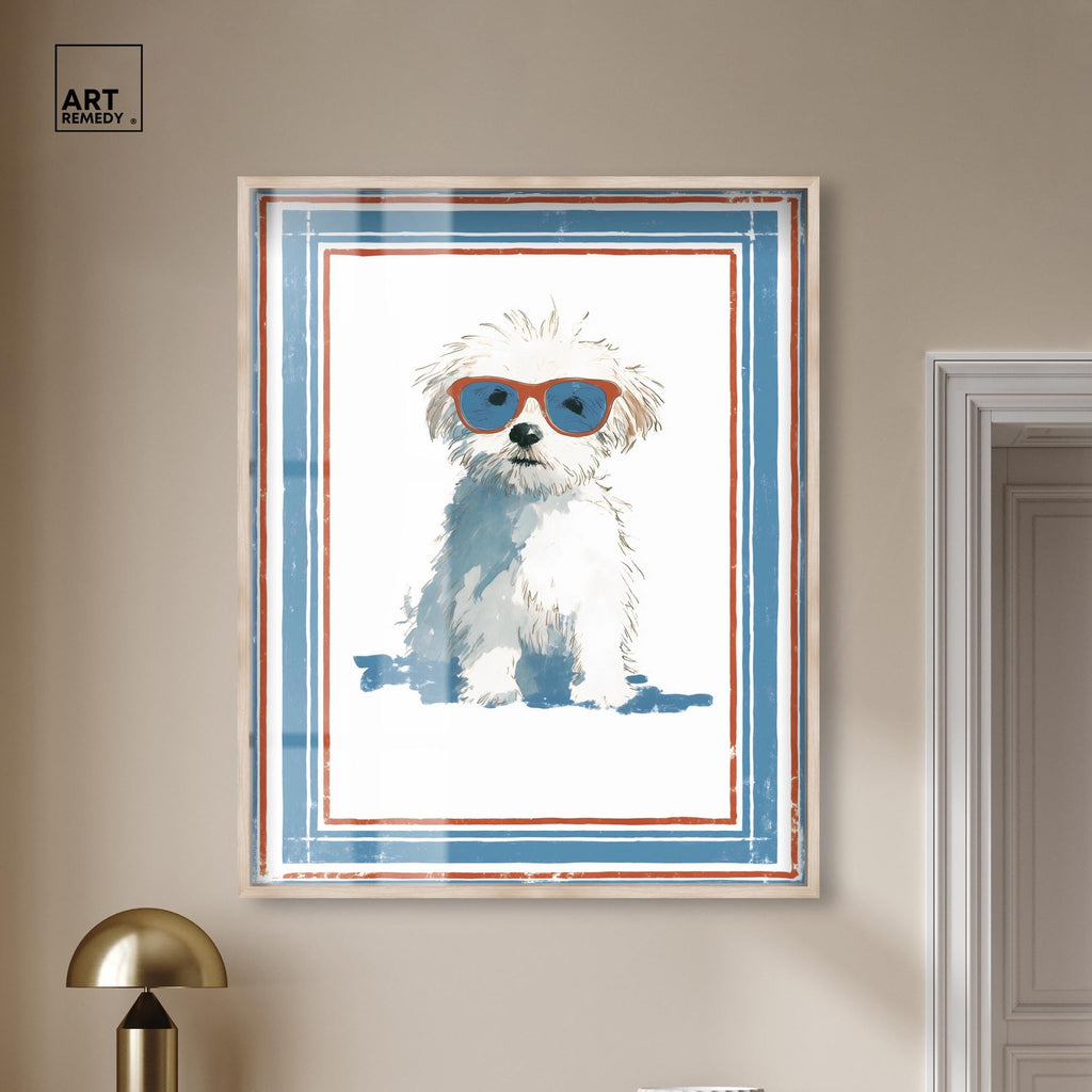 Cool Dog with Sunglasses IV Shadowbox Print Fun Dog Wall Decor by Art Remedy, Blonde Frame, 36 x 45