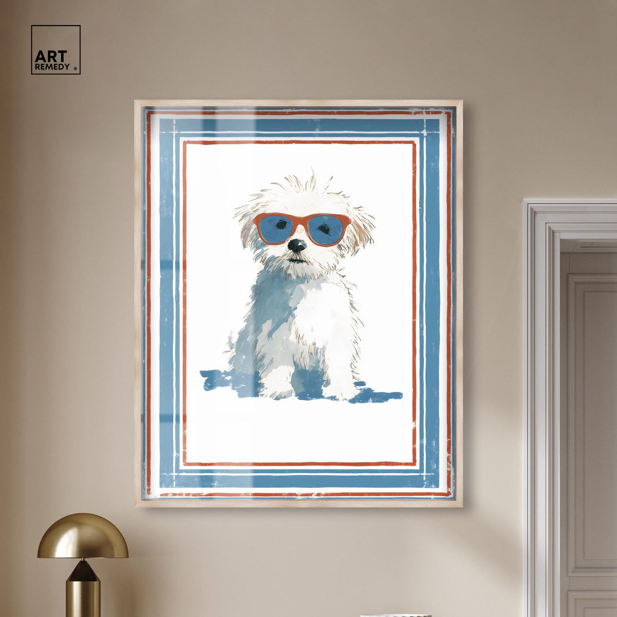 Cool Dog with Sunglasses IV Shadowbox Print Fun Dog Wall Decor by Art Remedy, Blonde Frame, 36 x 45