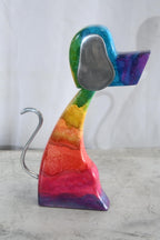 NIFAO Abstract Rainbow Painted Wood Dog Figurine Aluminum Ears 8"x2"x15"H