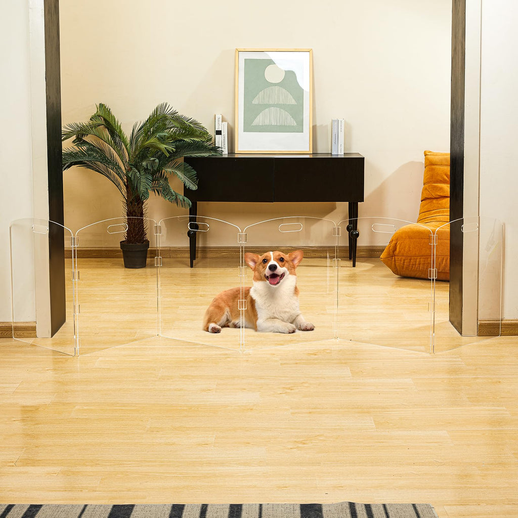 Modern Frame Clear Acrylic Freestanding Pet Gate - 24" High Extra-Wide Folding 6-Panel Dog Barrier for Doorways, Stairs & Large Openings, Indoor Fence for Dogs, Puppies & Cats