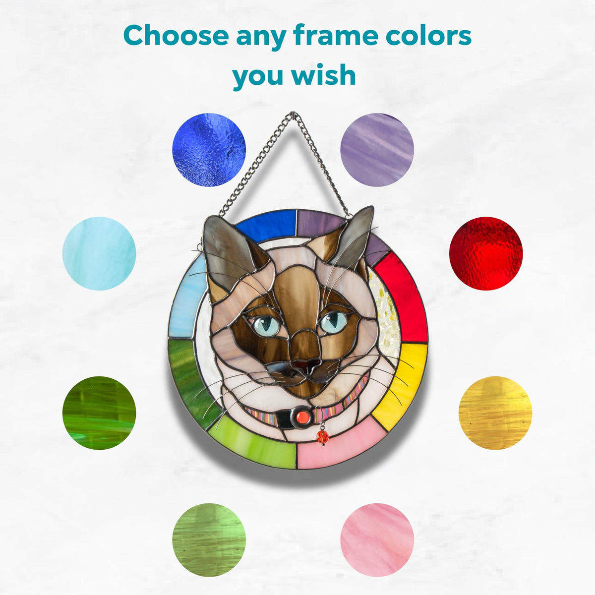 Custom Stained Glass Pet Portrait – Personalized Memorial Pet Gift, Unique Stained Glass Art for Dog or Cat Lovers – Handmade Window Hanging with Name Tag (Round)