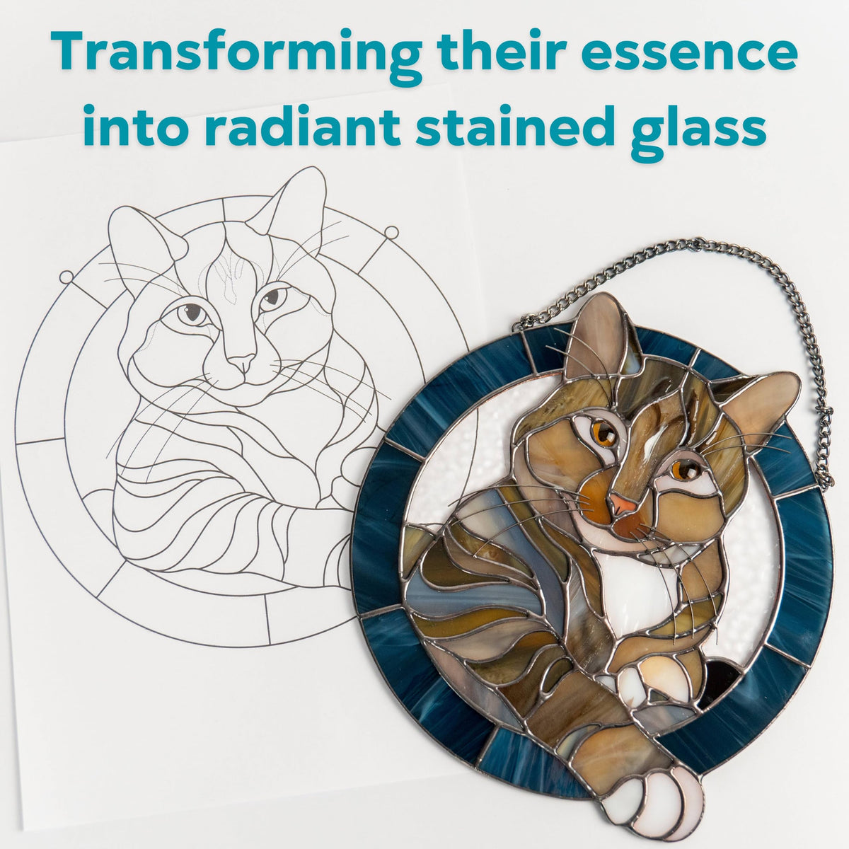 Custom Stained Glass Pet Portrait – Personalized Memorial Pet Gift, Handmade Window Hanging with Name Tag – Unique Stained Glass Art for Cat or Dog Lovers (Round)