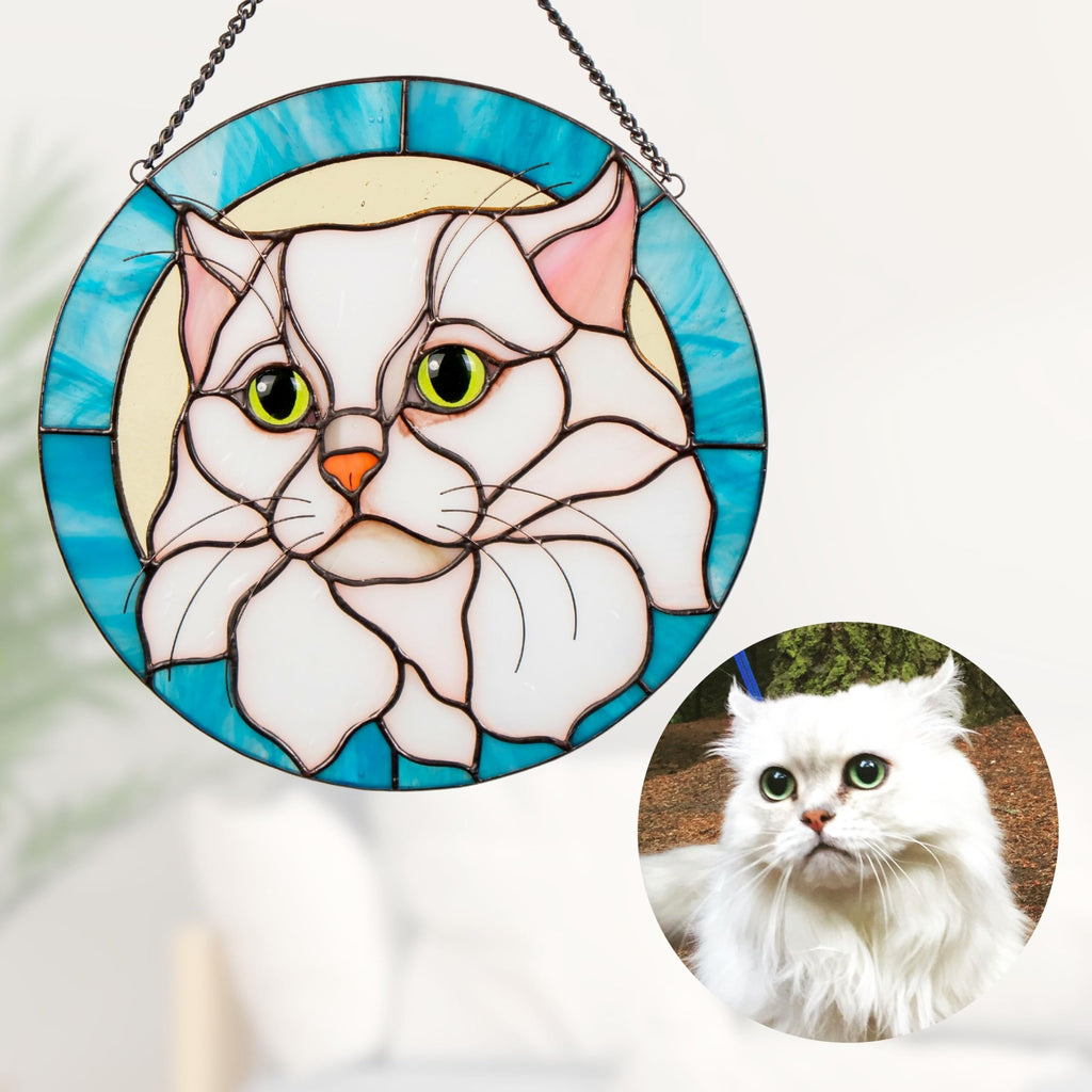 Custom Stained Glass Pet Portrait – Personalized Memorial Pet Gift, Unique Stained Glass Art for Dog or Cat Lovers – Handmade Window Hanging with Name Tag (Round)