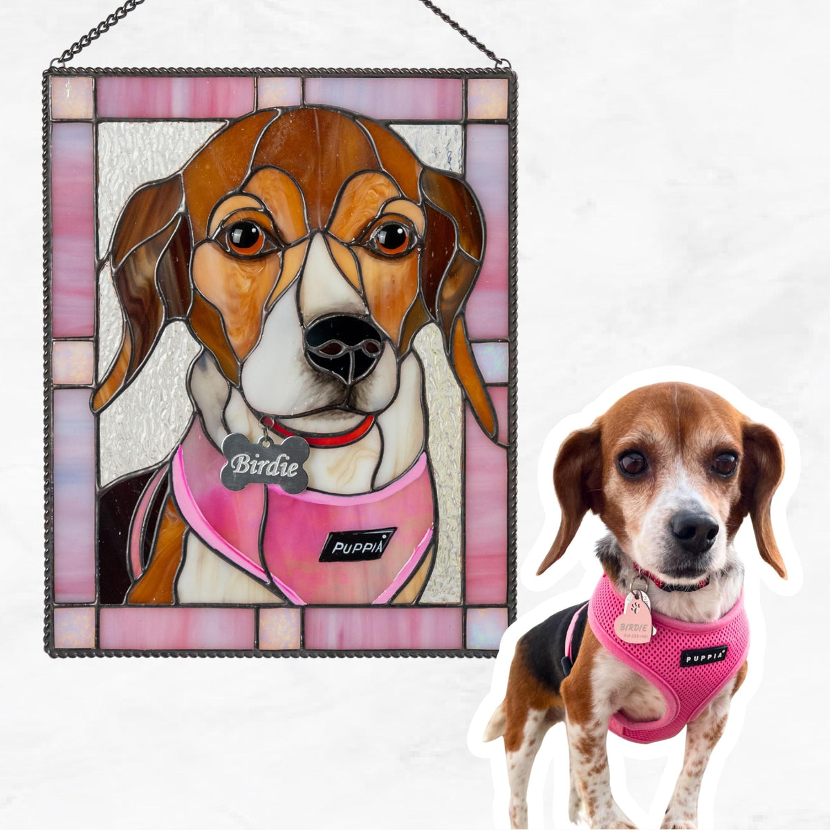 Custom Stained Glass Pet Portrait – Personalized Memorial Pet Gift, Handmade Window Hanging with Name Tag – Unique Stained Glass Art for Cat or Dog Lovers (Round)