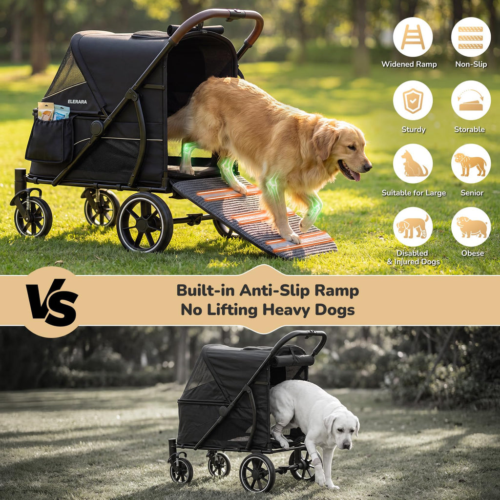 ELEMARA Large Dog Stroller with Walk-in Ramp, up to 110 lbs – Heavy Duty Dog Stroller for Large Dogs & 2 Medium Dogs, All-Terrain Wagon for Senior, Injured & Post-Surgery Pets