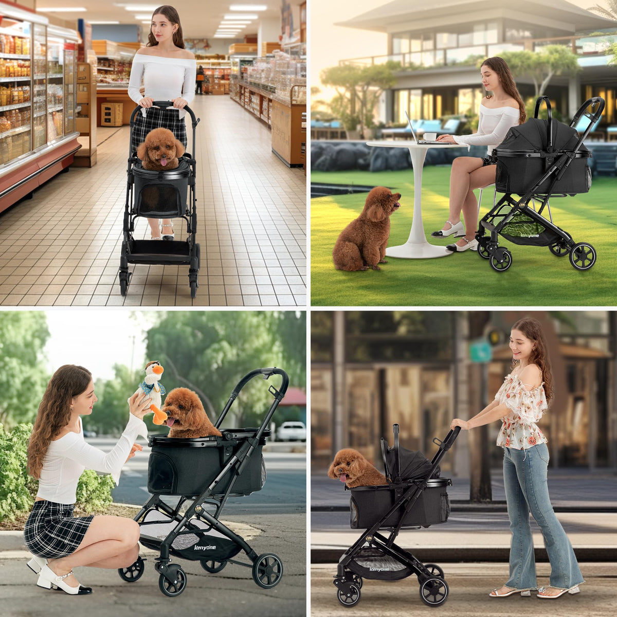 Kenyone 3-in-1 Pet Stroller for Small Medium Dogs Puppy Cat Stroller with Detachable Carrier & Pad Lightweight Foldable Aluminum Alloy Frame Dual No-Zip Entry(Black)