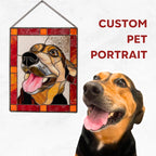 Custom Stained Glass Pet Portrait – Personalized Memorial Pet Gift, Unique Stained Glass Art for Dog or Cat Lovers – Handmade Window Hanging with Name Tag (Round)