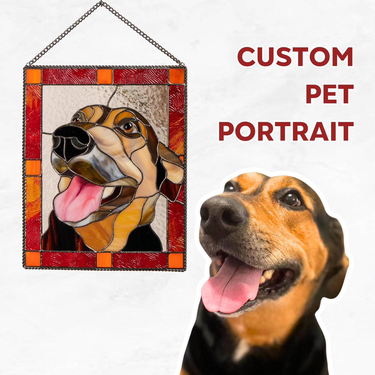 Custom Stained Glass Pet Portrait – Personalized Memorial Pet Gift, Unique Stained Glass Art for Dog or Cat Lovers – Handmade Window Hanging with Name Tag (Round)