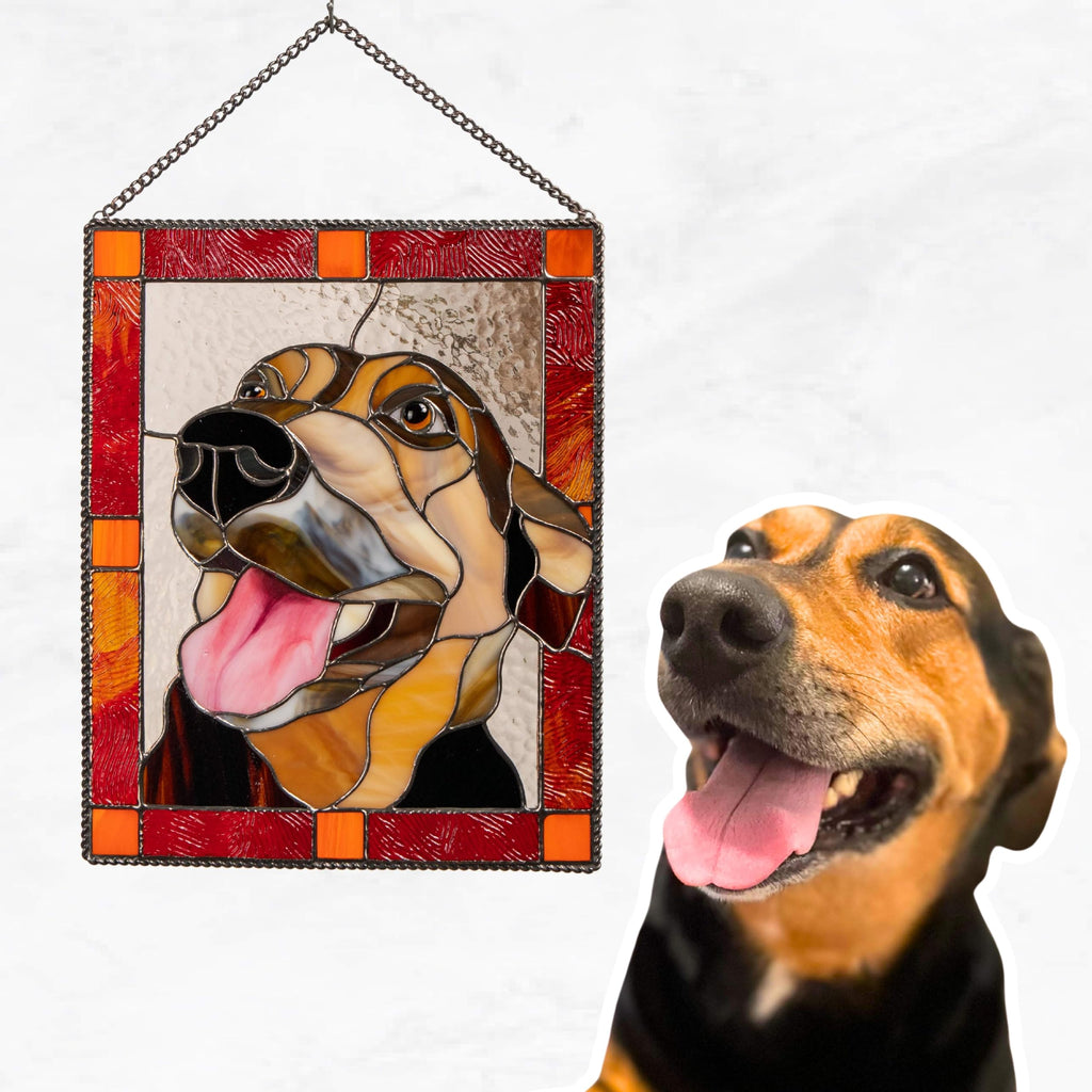 Custom Stained Glass Pet Portrait – Personalized Memorial Pet Gift – Handmade Window Hanging with Name Tag Unique Stained Glass Art for Cat and Dog Lover (Round)