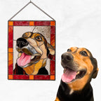 Custom Stained Glass Pet Portrait – Personalized Memorial Pet Gift – Handmade Window Hanging with Name Tag Unique Stained Glass Art for Cat and Dog Lover (Round)