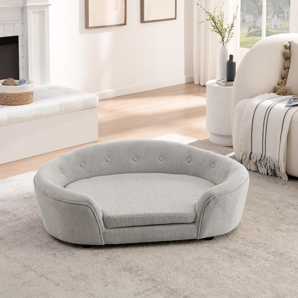 Oversized Size Oval Semi-Enclosed Dog Sofa - Durable Linen Material, Button-Tufted Backrest, High-Center Low-Sides Support & Plush Comfort-Beige