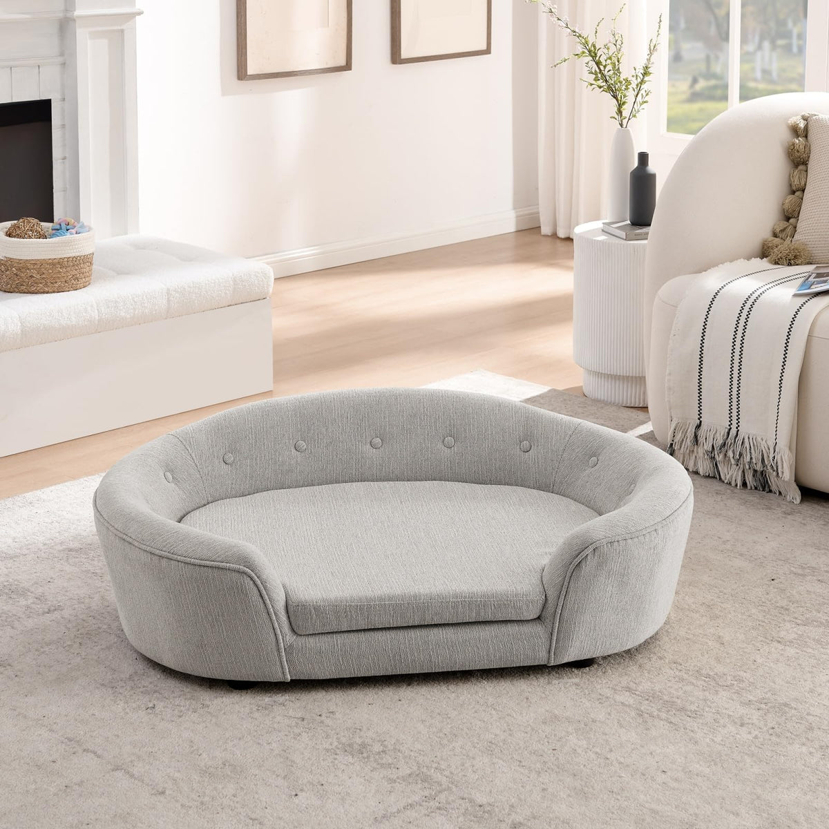 Oversized Size Oval Semi-Enclosed Dog Sofa - Durable Linen Material, Button-Tufted Backrest, High-Center Low-Sides Support & Plush Comfort-Beige