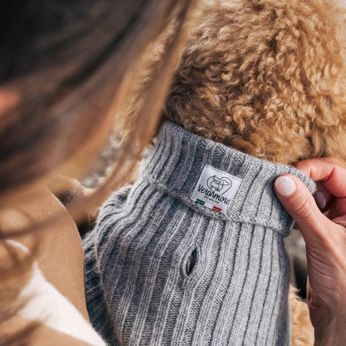 Luxury 3-Thread Cashmere Dog Sweater- Heather Gray Ribbed Knit with Leash Opening- Rialto Style- Made in Italy - Size XS