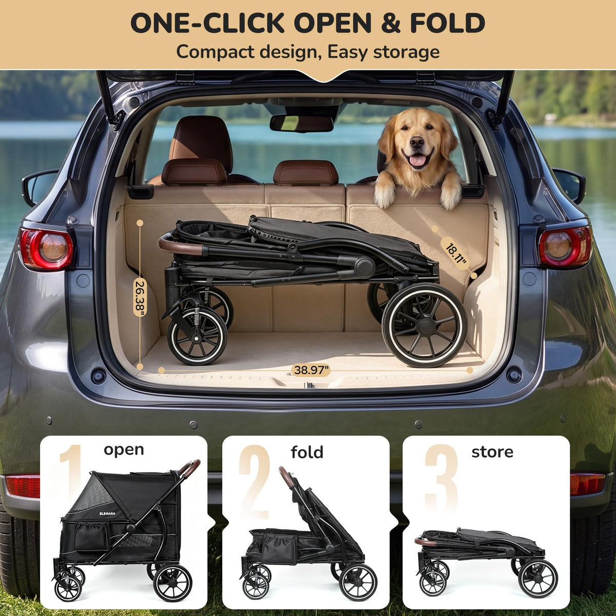 ELEMARA Large Dog Stroller with Walk-in Ramp, up to 110 lbs – Heavy Duty Dog Stroller for Large Dogs & 2 Medium Dogs, All-Terrain Wagon for Senior, Injured & Post-Surgery Pets