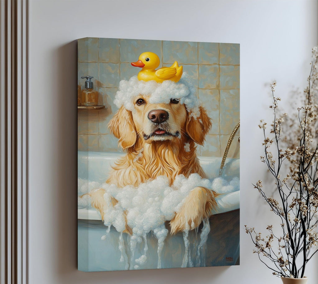 Myphotostation 55Wx55H''-(140x140cm) Stretched Canvas Golden Soak Bubble Bath Dog Canvas Print, Bathroom Wall Art, Bathroom decor