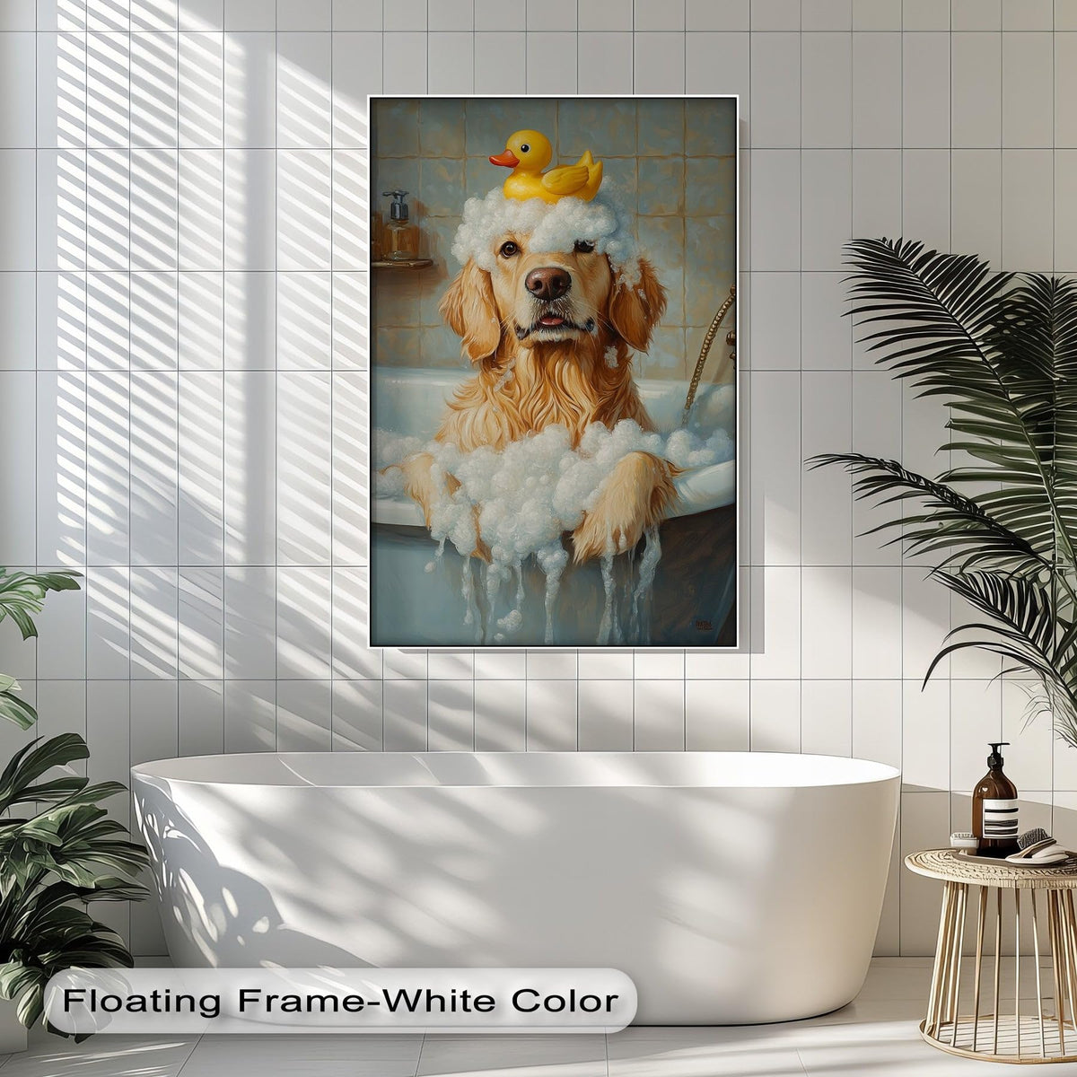 Myphotostation 55Wx55H''-(140x140cm) Stretched Canvas Golden Soak Bubble Bath Dog Canvas Print, Bathroom Wall Art, Bathroom decor