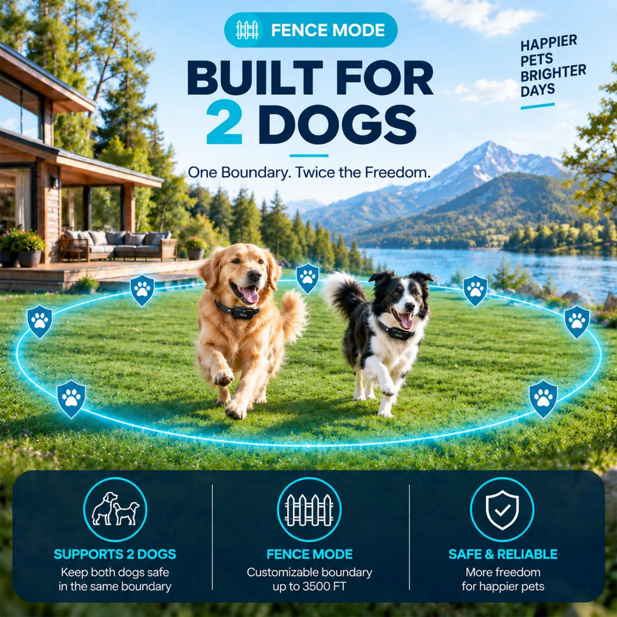 X3 Wireless Dog Fence for 2 Dogs, 2-in-1 Electric Fence & Remote Training Collar, 3500FT Adjustable Fence Range, 6100FT Remote Range, 3 Training Modes, IPX7 Waterproof, 185-Day Standby, Black