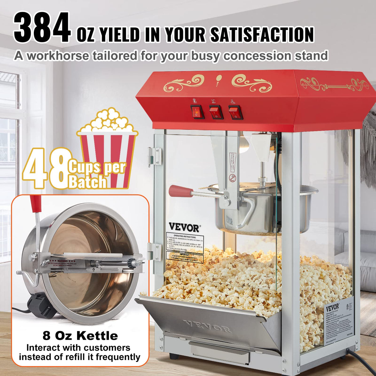 VEVOR Hot Dog Roller 7 Rollers 18 Hot Dogs Capacity 1050W Stainless Sausage Grill & Commercial Popcorn Machine, 8 Oz Kettle, 850 W Countertop Popcorn Maker for 48 Cups per Batch