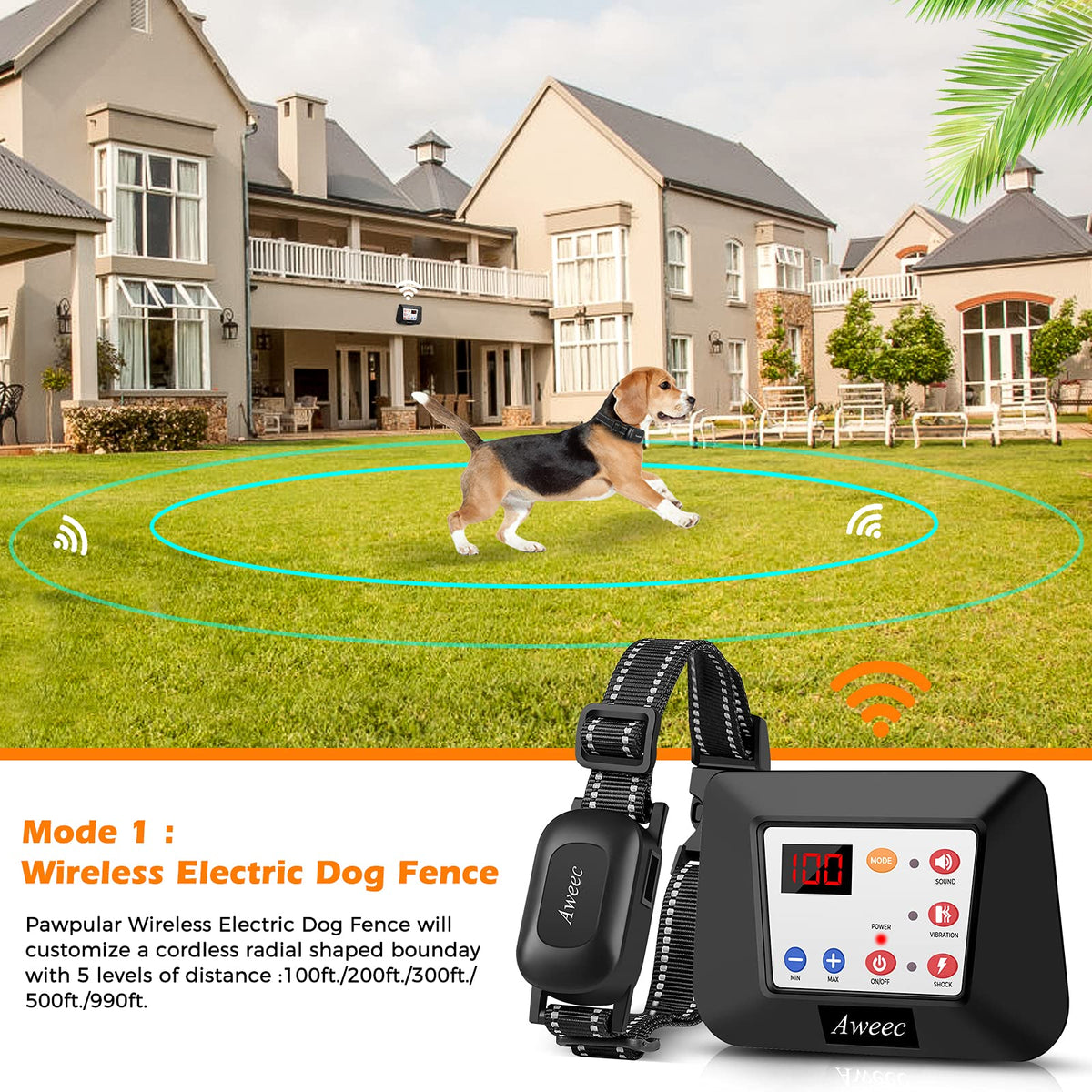Wireless Dog Fence, 2 in1 Electric Dog Boundary System & Remote Trainer & Wireless Pet Fence for The Yard, Adjustable Pet Training Collar Receiver for Small Medium Large Dogs (for 1 Dog)