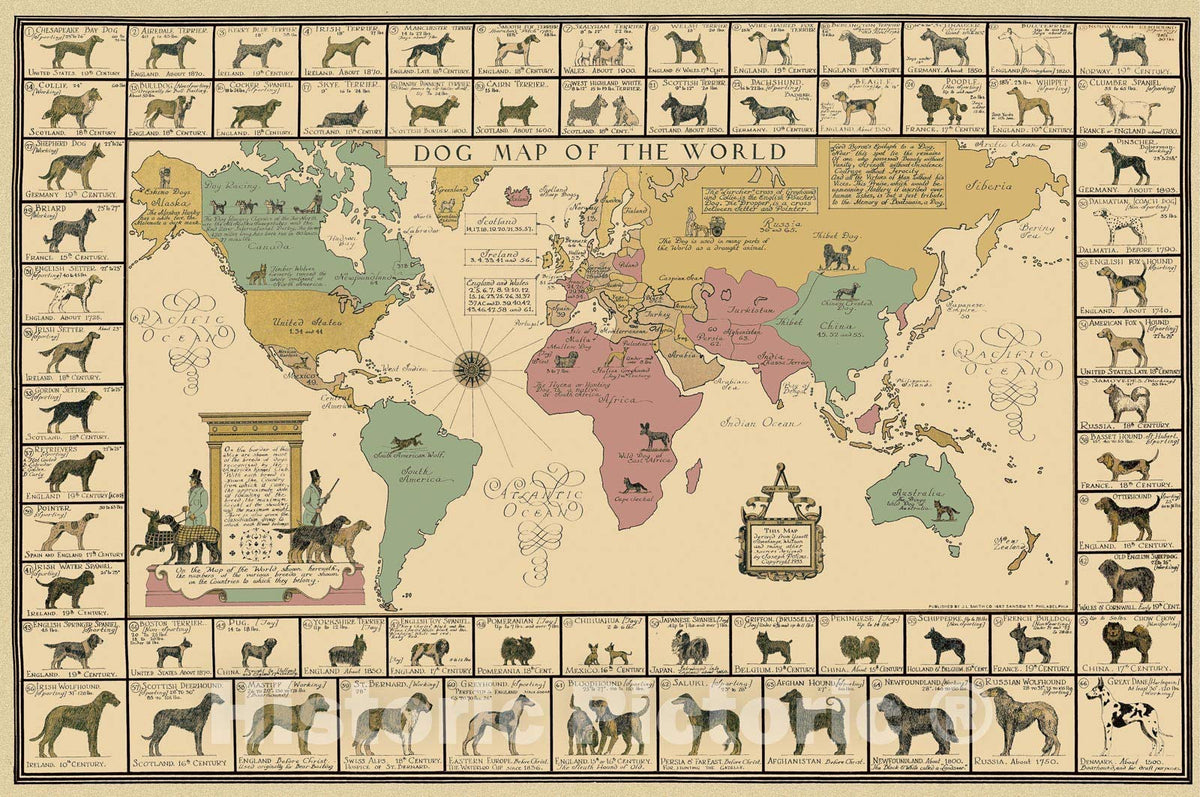 Pictorial Map 1933 - Dog Map of the World Historical Map Print - 66in x 44in