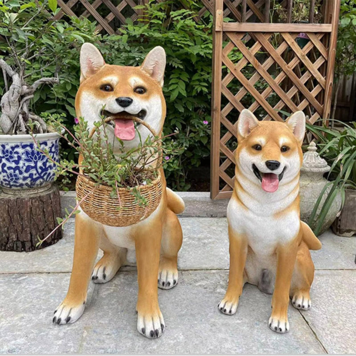 Outdoor Decorative Statue Dog Sculpture Figure Ornament Figurine Featuring Seated Pose in Fiberglass Suitable for Garden, Shiba Inu Statue, Sitting, No Basket, 28cm L X 45cm W X 58cm H