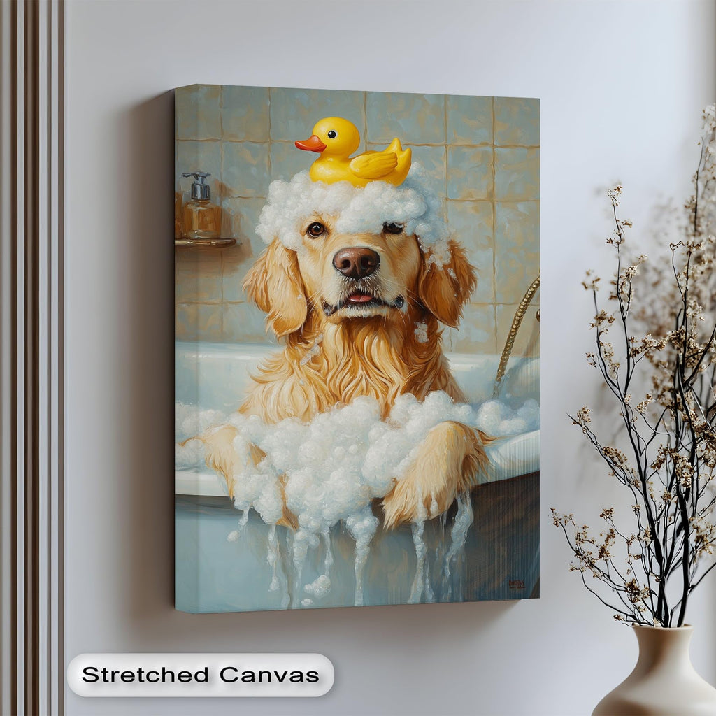 Myphotostation 55Wx55H''-(140x140cm) Stretched Canvas Golden Soak Bubble Bath Dog Canvas Print, Bathroom Wall Art, Bathroom decor