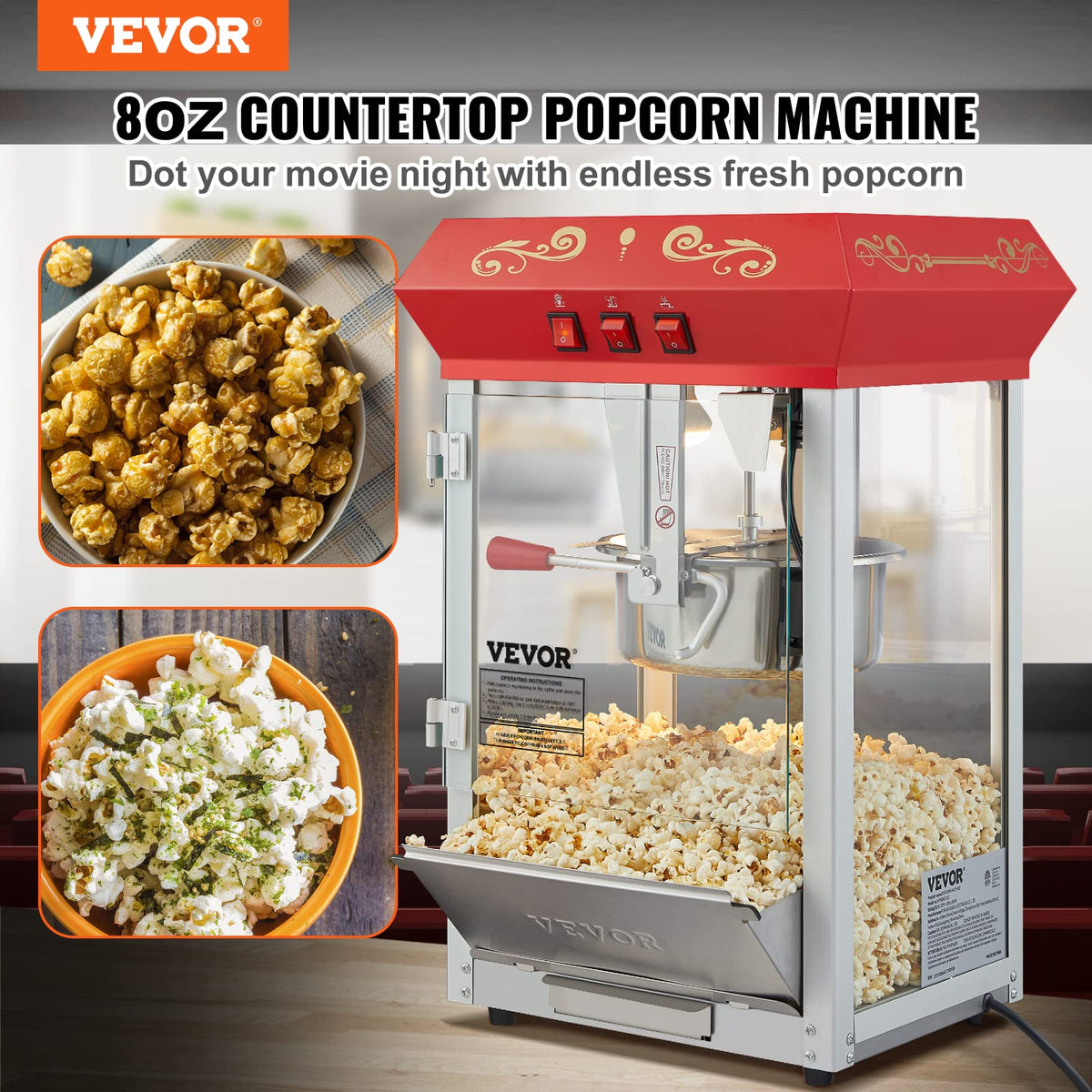 VEVOR Hot Dog Roller 7 Rollers 18 Hot Dogs Capacity 1050W Stainless Sausage Grill & Commercial Popcorn Machine, 8 Oz Kettle, 850 W Countertop Popcorn Maker for 48 Cups per Batch