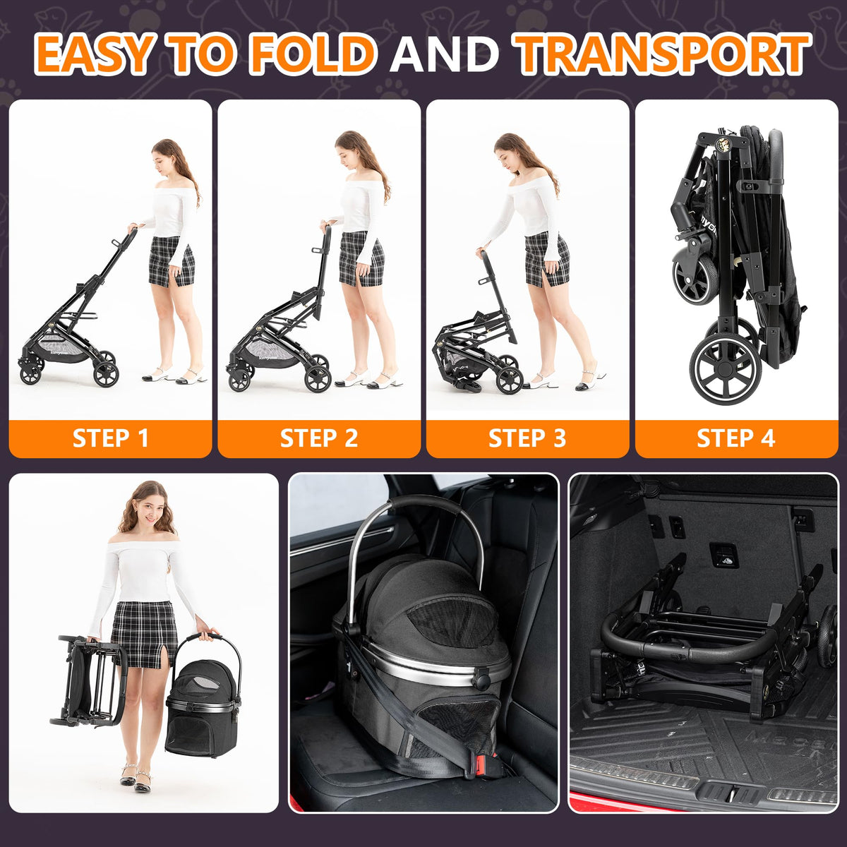 Kenyone 3-in-1 Pet Stroller for Small Medium Dogs Puppy Cat Stroller with Detachable Carrier & Pad Lightweight Foldable Aluminum Alloy Frame Dual No-Zip Entry(Black)