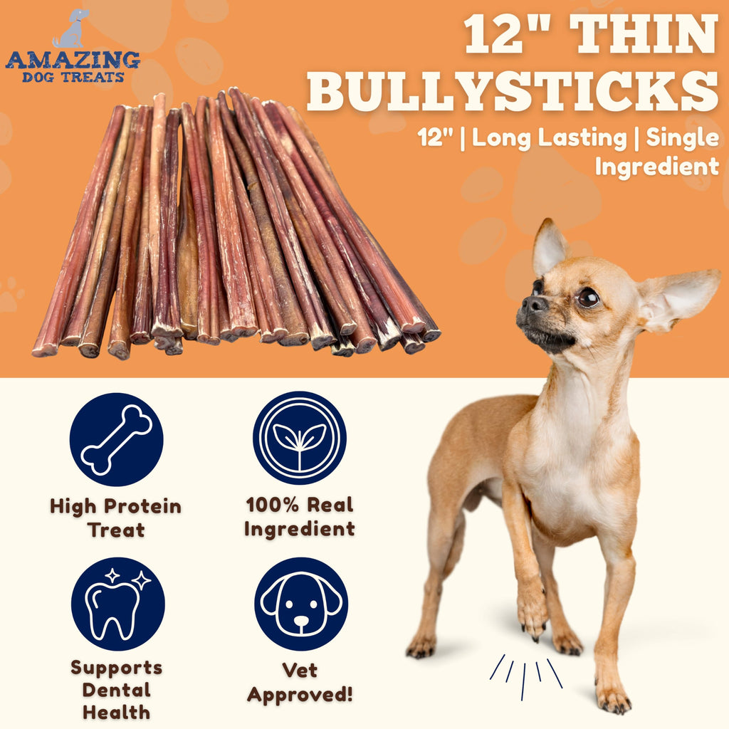 Amazing Dog Treats - Bully Sticks for Small Dogs (12 Inch Small- 100 Count) - Premium Thin Junior Bully Sticks for Dogs