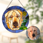 Custom Stained Glass Pet Portrait – Personalized Memorial Pet Gift – Handmade Window Hanging with Name Tag Unique Stained Glass Art for Cat and Dog Lover (Round)