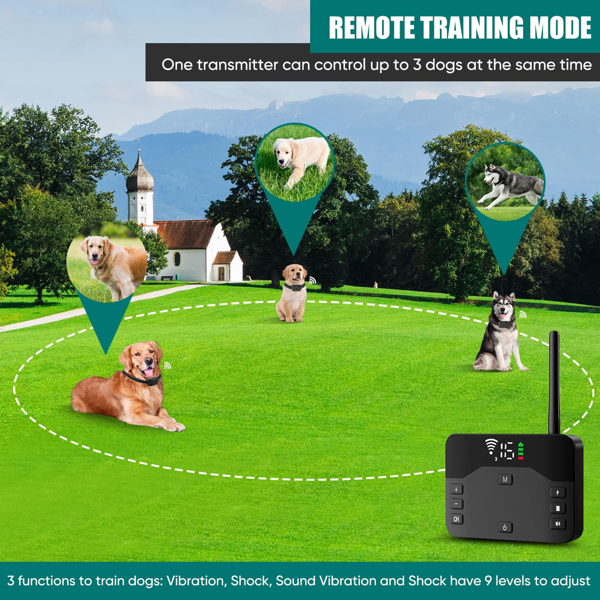 ABHY Wireless Dog Collar Fence System, Electric Fence for Dogs, Waterproof Perimeter Dog Collar Remote Training Collar with Wireless Adjustable Vibration & Shock，Suitable for Large and Medium Dogs