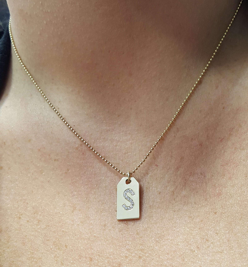 14k Solid Gold Custom Diamond Letter Initial Dog Tags, Custom Name Letter Date Engrave Dog Tag Pendant, Personalized Engravable Dog Tag Necklace, Solitaire Birthstone Dog Tag Necklace