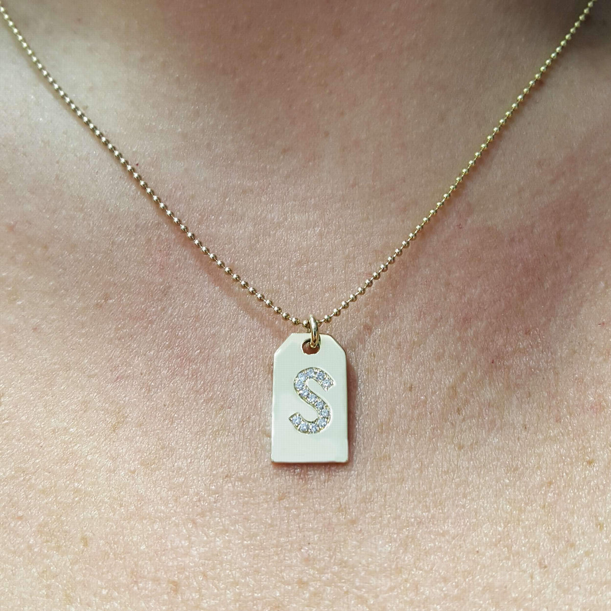 14k Solid Gold Custom Diamond Letter Initial Dog Tags, Custom Name Letter Date Engrave Dog Tag Pendant, Personalized Engravable Dog Tag Necklace, Solitaire Birthstone Dog Tag Necklace