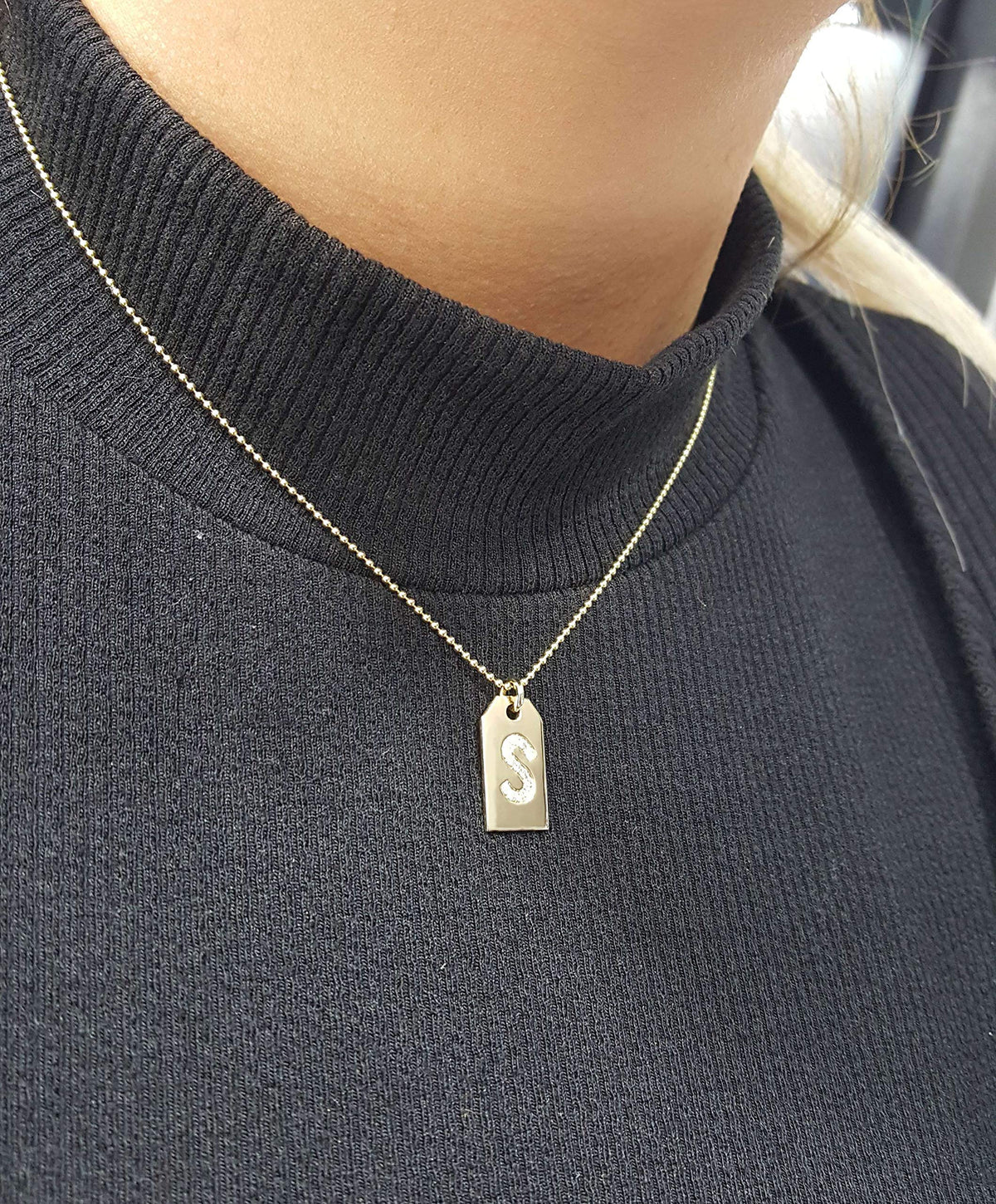 14k Solid Gold Custom Diamond Letter Initial Dog Tags, Custom Name Letter Date Engrave Dog Tag Pendant, Personalized Engravable Dog Tag Necklace, Solitaire Birthstone Dog Tag Necklace